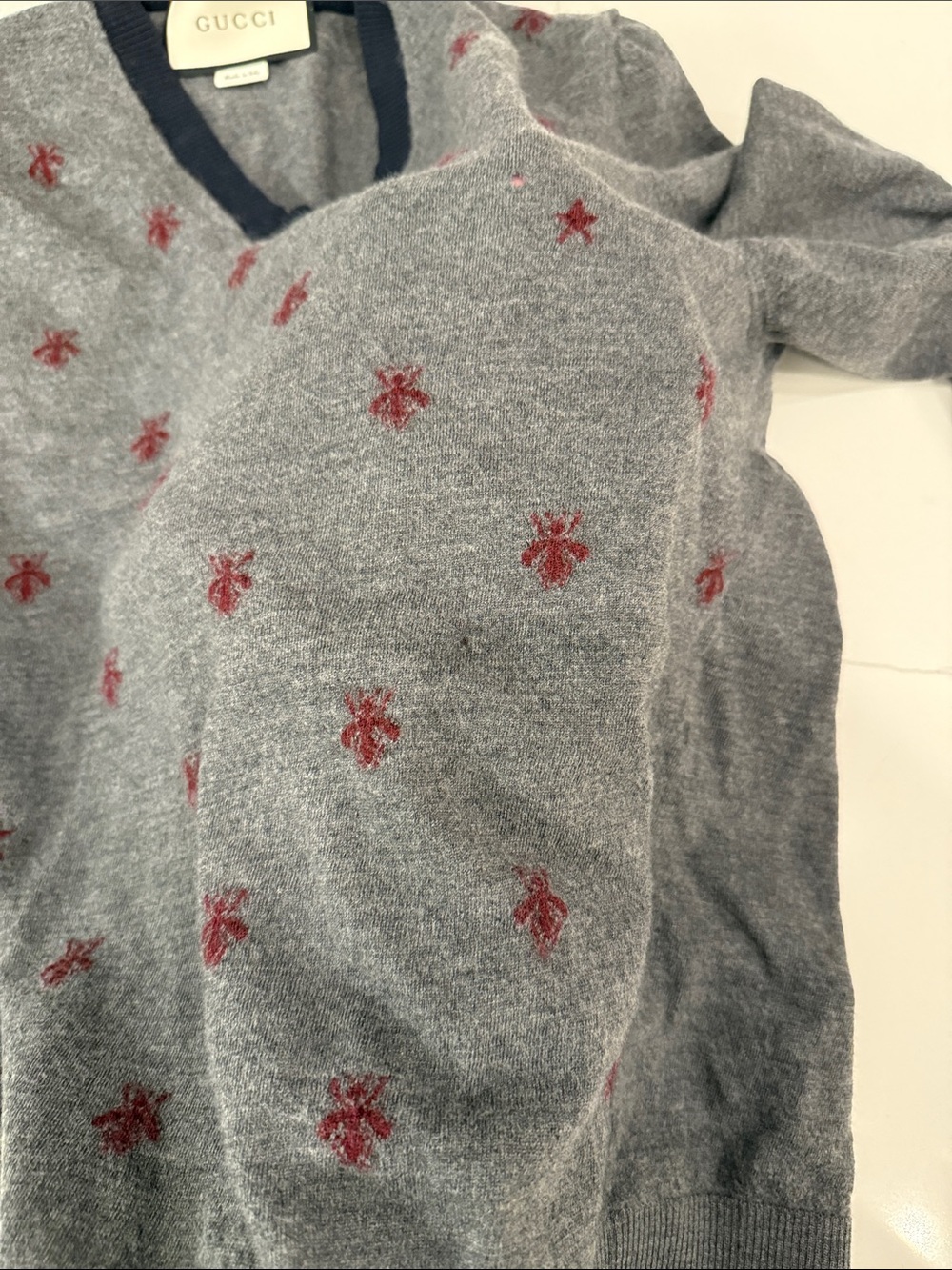 Gucci Gray V-Neck Sweater with Red Insect (See Photos) - Picture 3 of 7